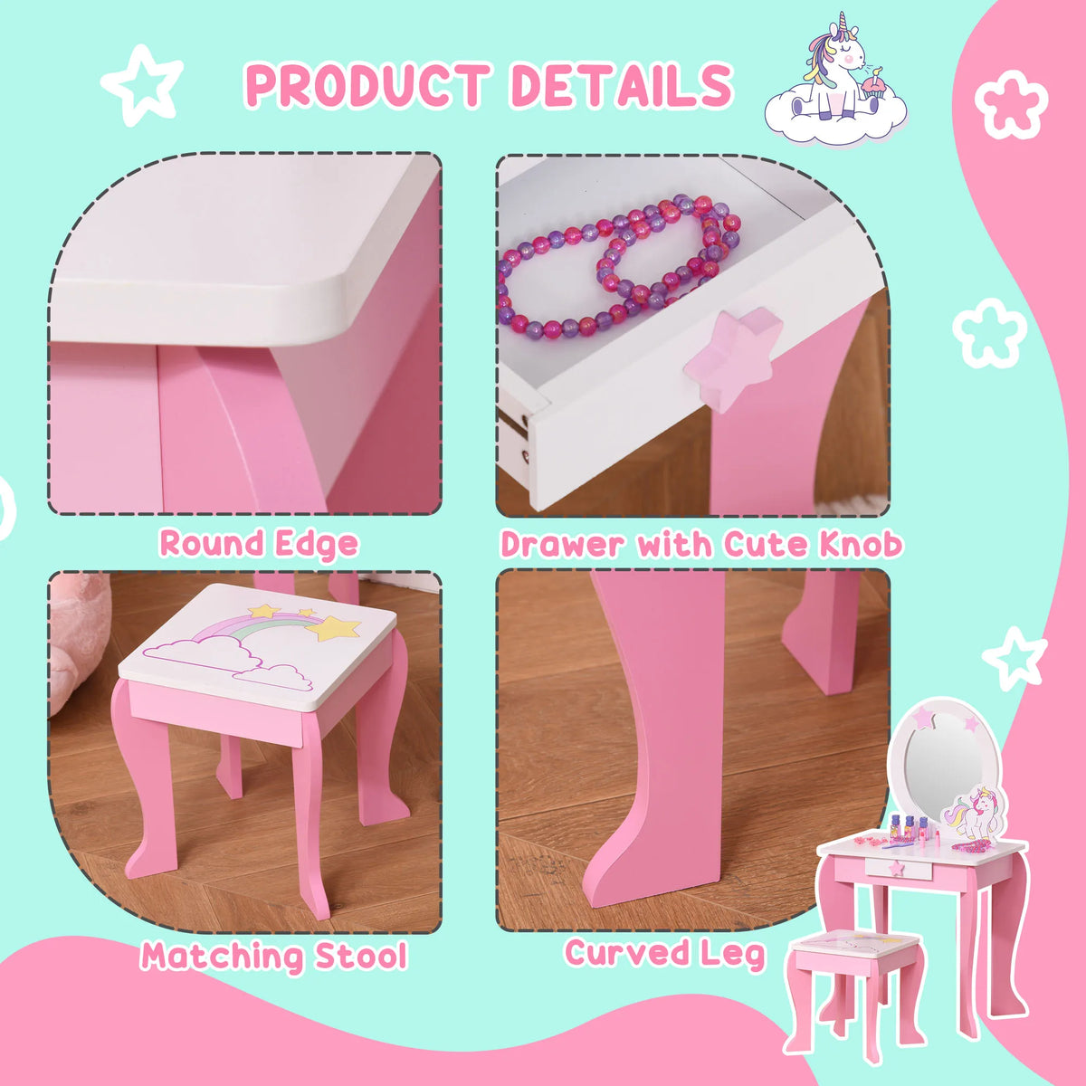 Kids Unicorn Dressing Table with Large Acrylic Mirror Drawer Stool MDF Rounded Edges Ages 3-6 Pink