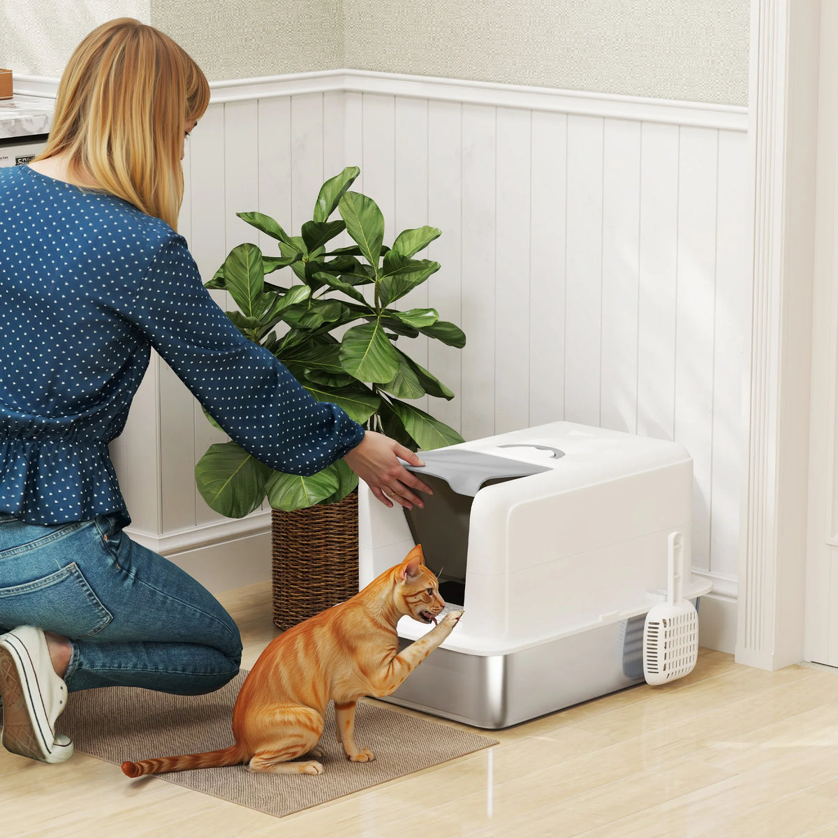 Cat Litter Box with Sand Filter, Removable Lid & Scoop, White