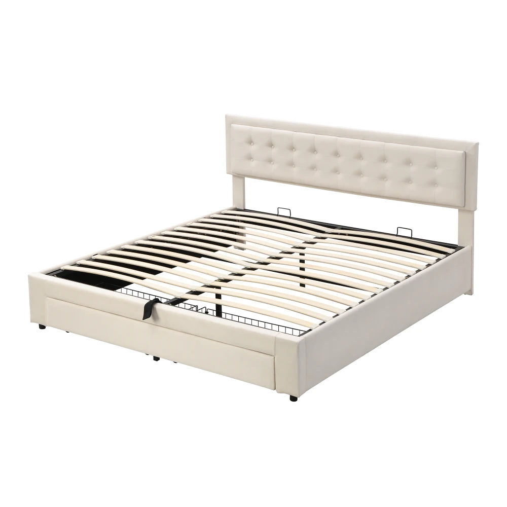 Super King 6ft Upholstered Bed Frame with Storage, Cream Velvet, Height-Adjustable Headboard