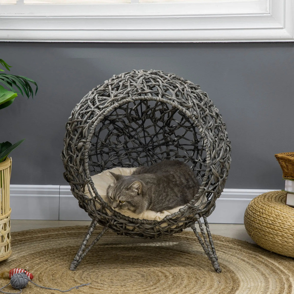 Elevated Rattan Cat House with Cushion Hand Woven PE Wicker Basket on 3 Metal Legs Large Entrance Grey
