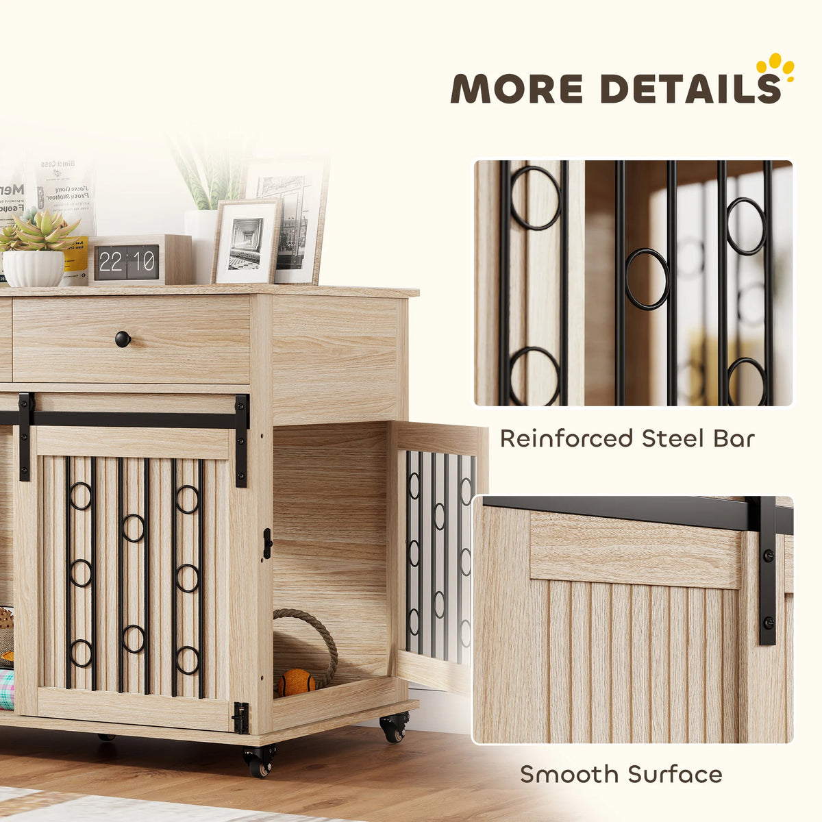 Dog Crate End Table with Sliding Barn Door, 2 Drawers and Wheels, Oak