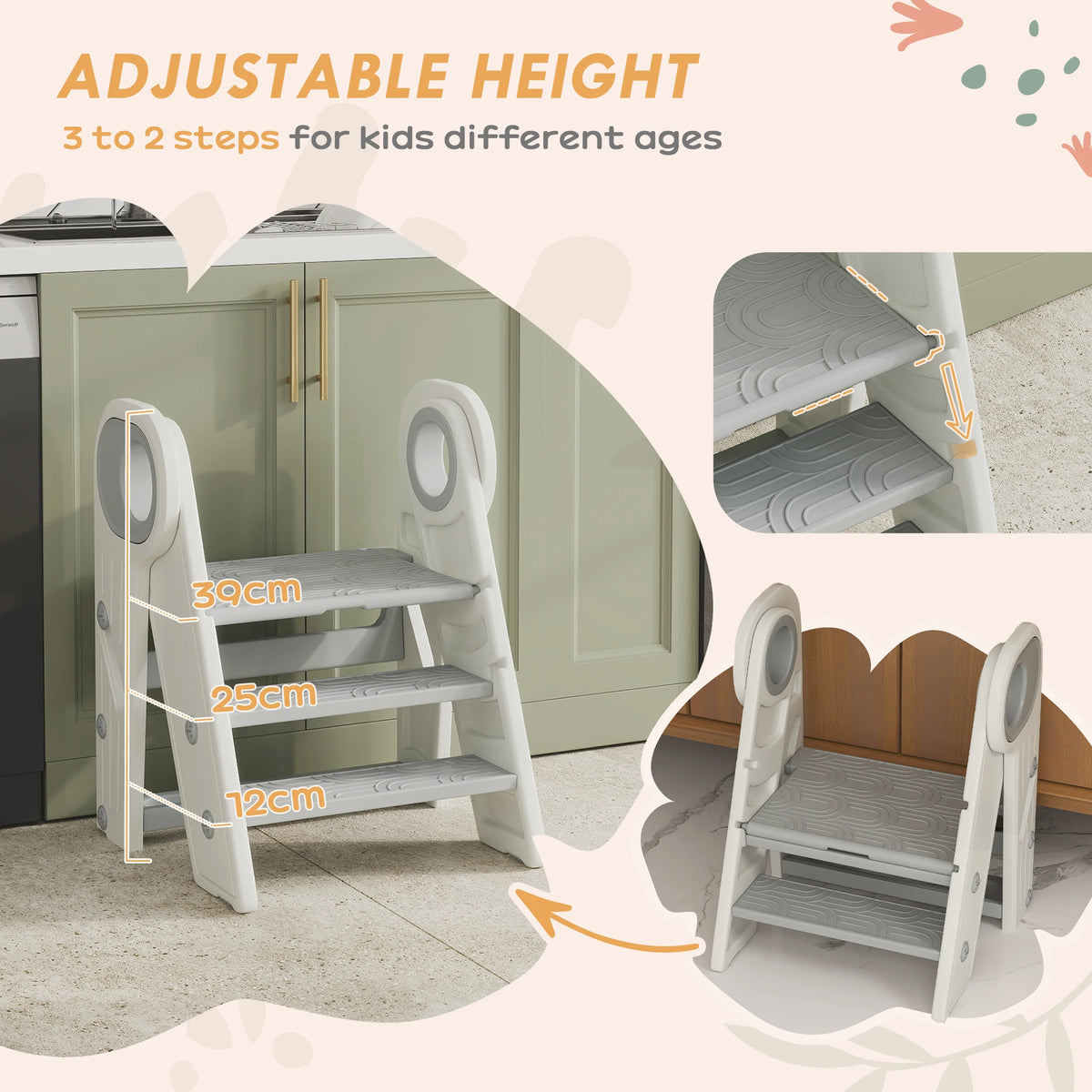 Foldable Kids Step Stool Converts 3 Step to 2 Step with Handle Non Slip HDPE 25kg for Ages 18-60 Months Grey