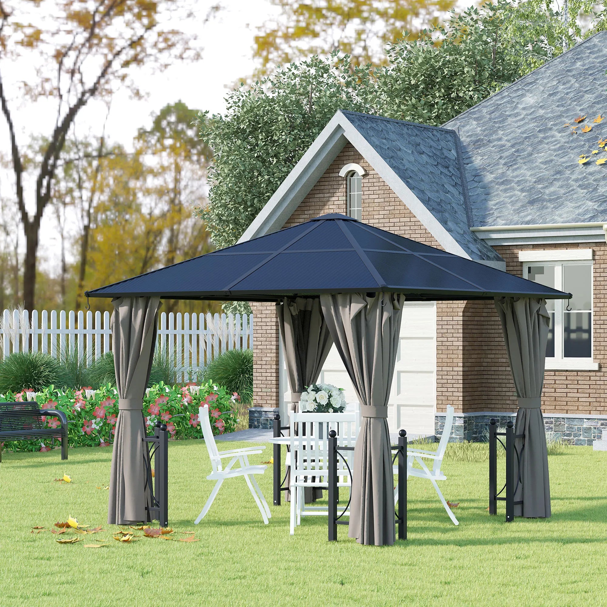 3 x 3m Hardtop Gazebo with Polycarbonate Roof, Mosquito Netting, Steel Frame and Ground Stakes