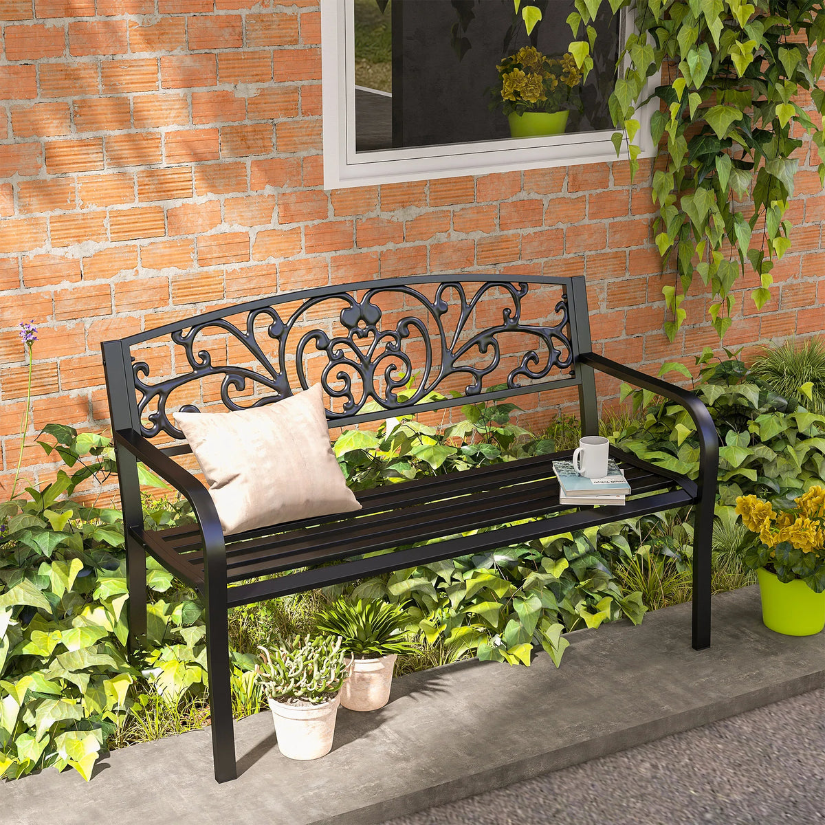 2 Seater Metal Garden Bench with Floral Backrest, Powder Coated Steel, Black
