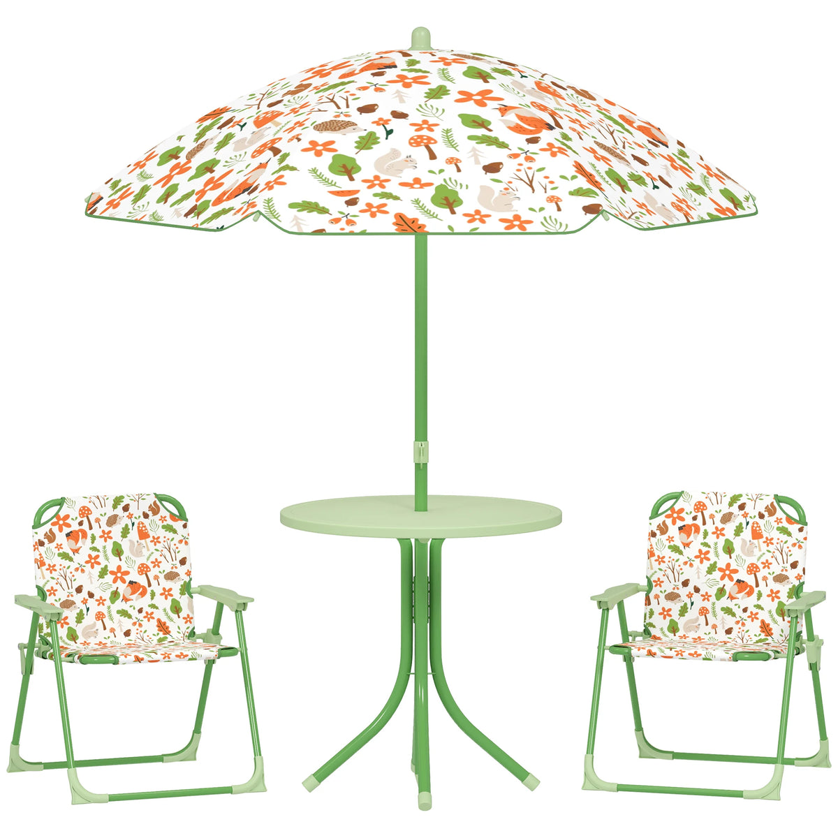 Kids Garden Table and Chair Set with Removable Parasol Fox Design 4 Piece Folding Steel for Ages 2-5 Green