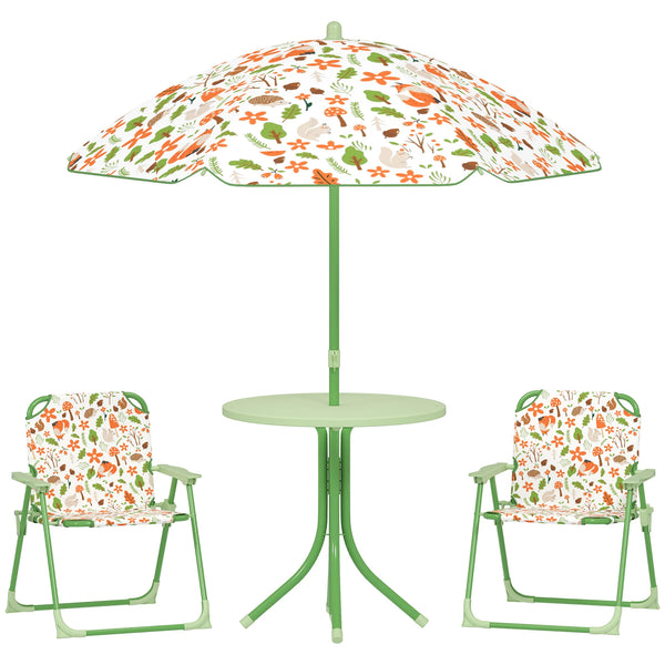 Kids Garden Table and Chair Set with Removable Parasol Fox Design 4 Piece Folding Steel for Ages 2-5 Green