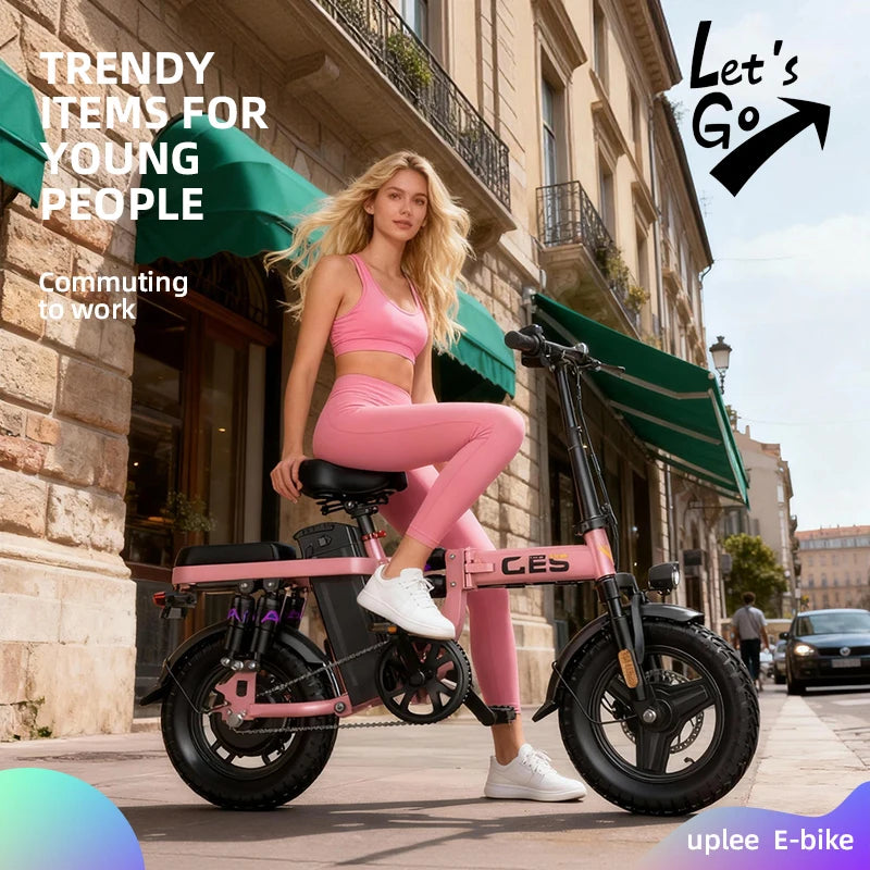 GE5 14 Inch Folding Electric Bike with 250W Motor and 48V Removable Battery, Pink