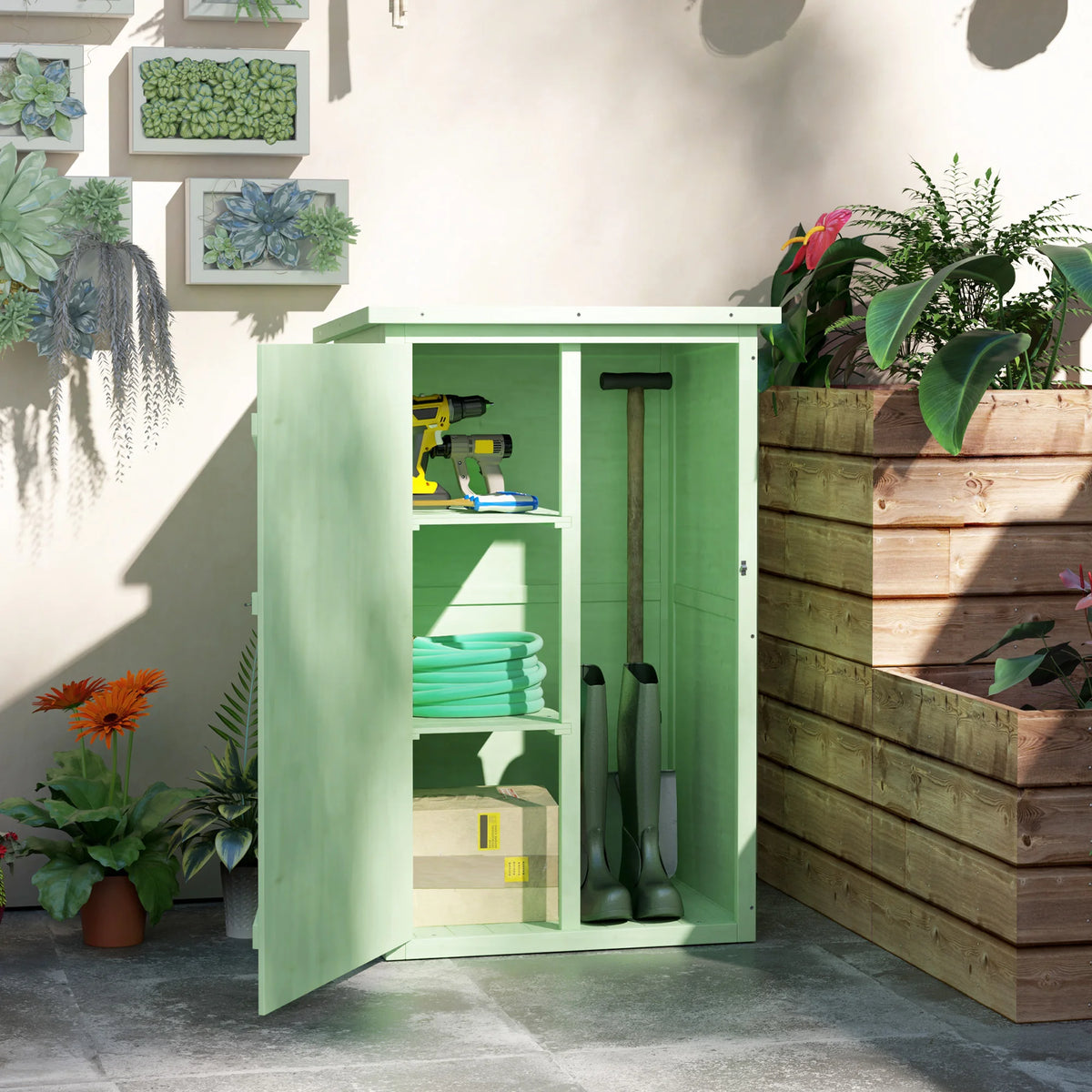 Wooden Garden Tool Shed with Shelves, 75 x 56 x 115cm, Green