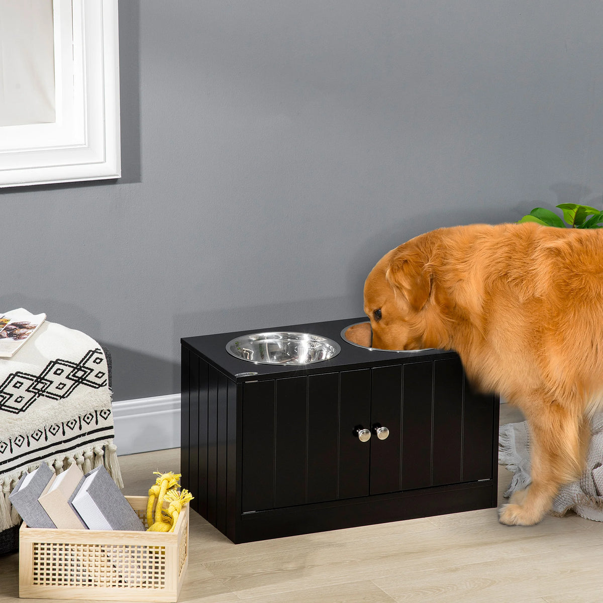 Raised Dog Feeding Station with Storage Cabinet and Stainless Steel Bowls