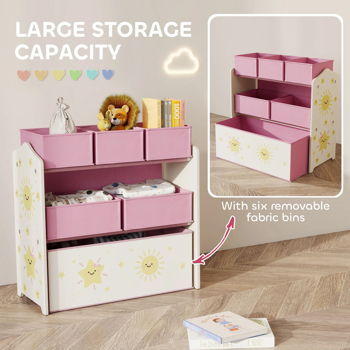 3 Tier Kids Storage Shelf with 6 Removable Fabric Boxes Bookshelf Organiser Rounded Corners