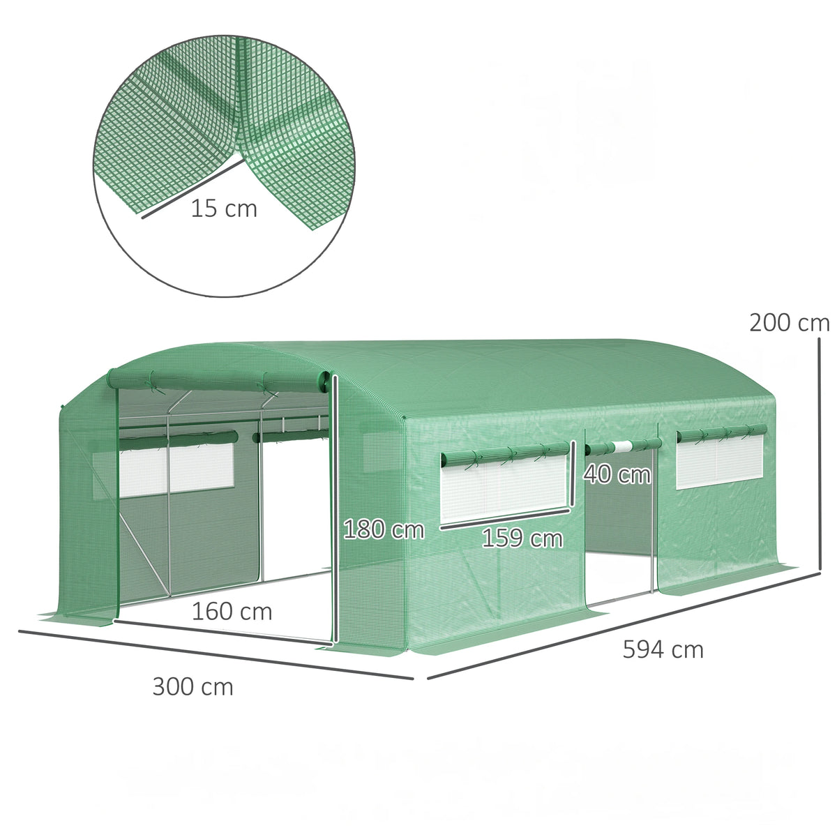 Walk In Polytunnel Greenhouse 6x3x2m with 3 Roll Up Doors 6 Mesh Windows 140gsm Reinforced Grid Cover