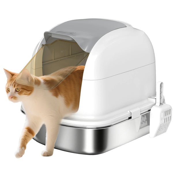 Stainless Steel Cat Litter Tray with Lift-Up Lid, White & Silver