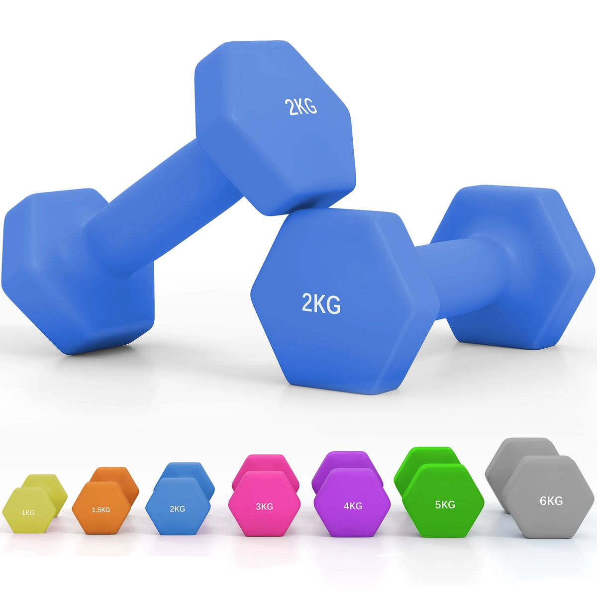 Hexagonal Dumbbells Set of 2, 2 x 2kg, Blue