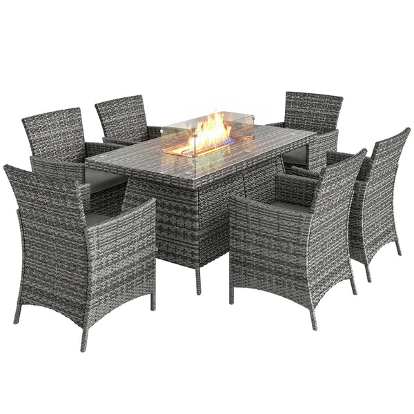 Rattan Garden Dining Set with Fire Pit Table & 6 Armchairs, Grey