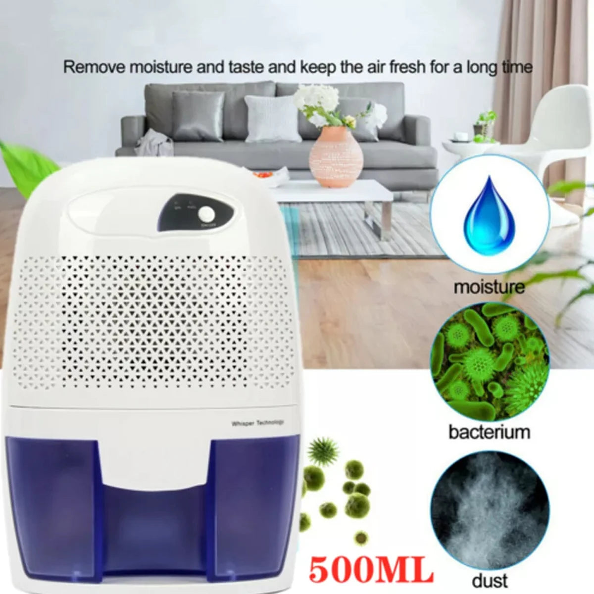 Mini Electric Dehumidifier with 500ml Tank, Quiet Moisture Absorber for Small Rooms