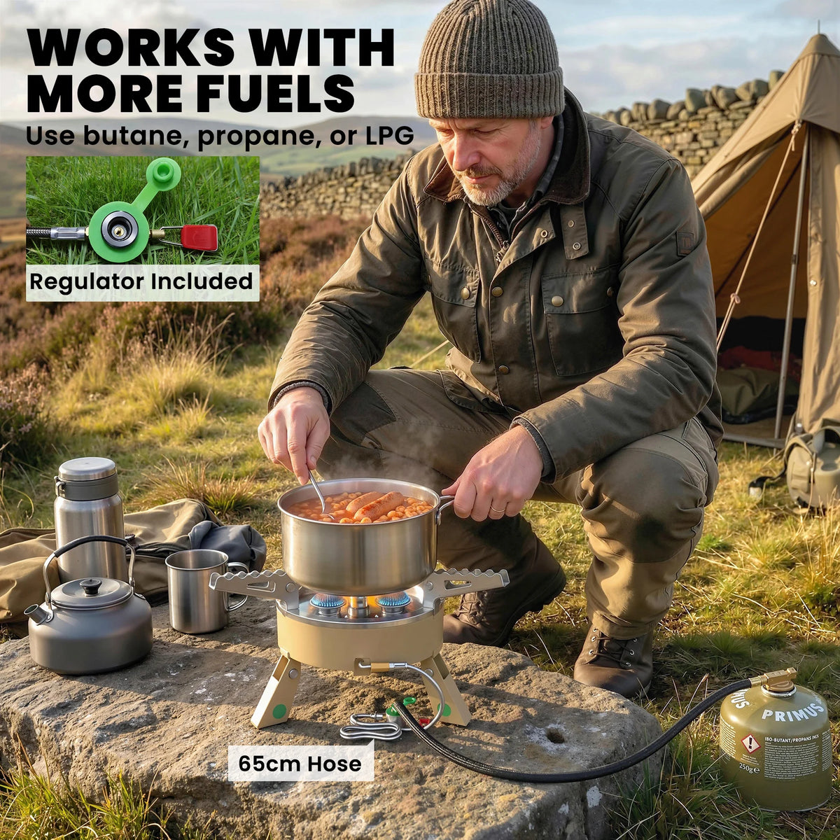 7000W Folding Camping Gas Stove with 65cm Hose and Carry Bag, Khaki