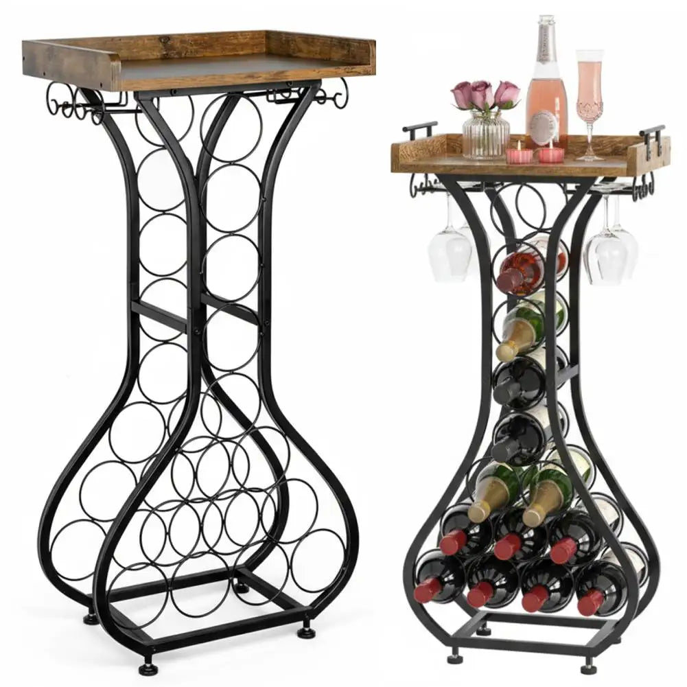 14 Bottle Freestanding Wine Rack with Glass Holder and Wood Tabletop | Metal Wine Display Stand for Home Bar Kitchen