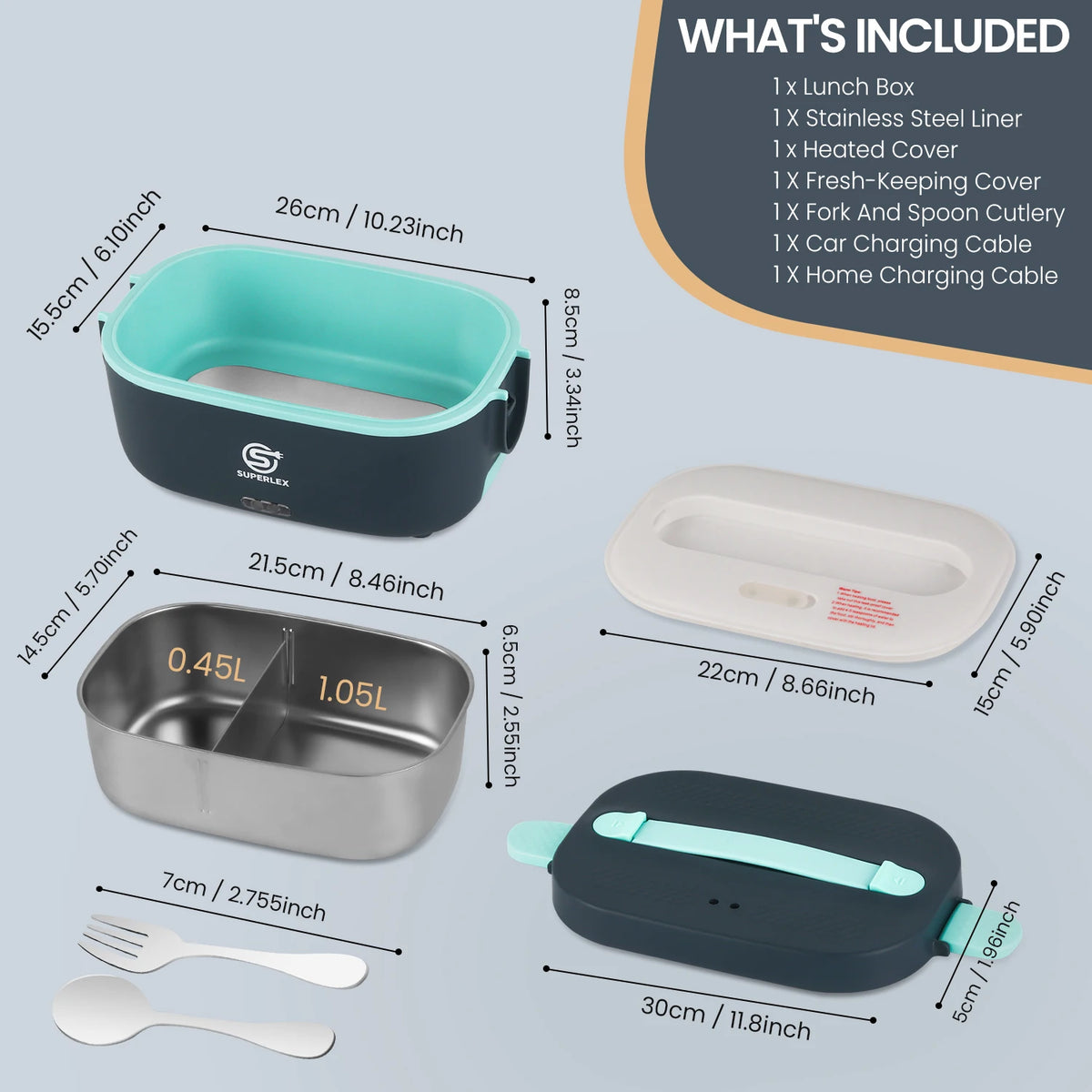 6-in-1 Electric Lunch Box 70W Heated Food Container with Leakproof Design Removable Stainless Steel Liner and Car and Home Charging