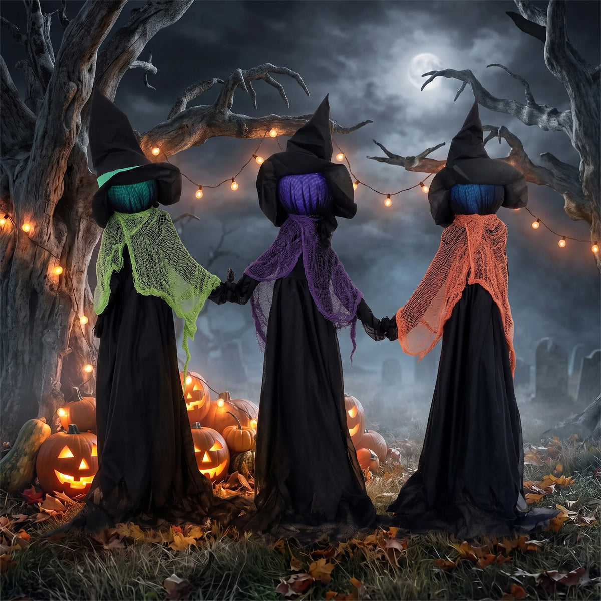 48" Witches Holding Hands Halloween Decoration, Light-Up