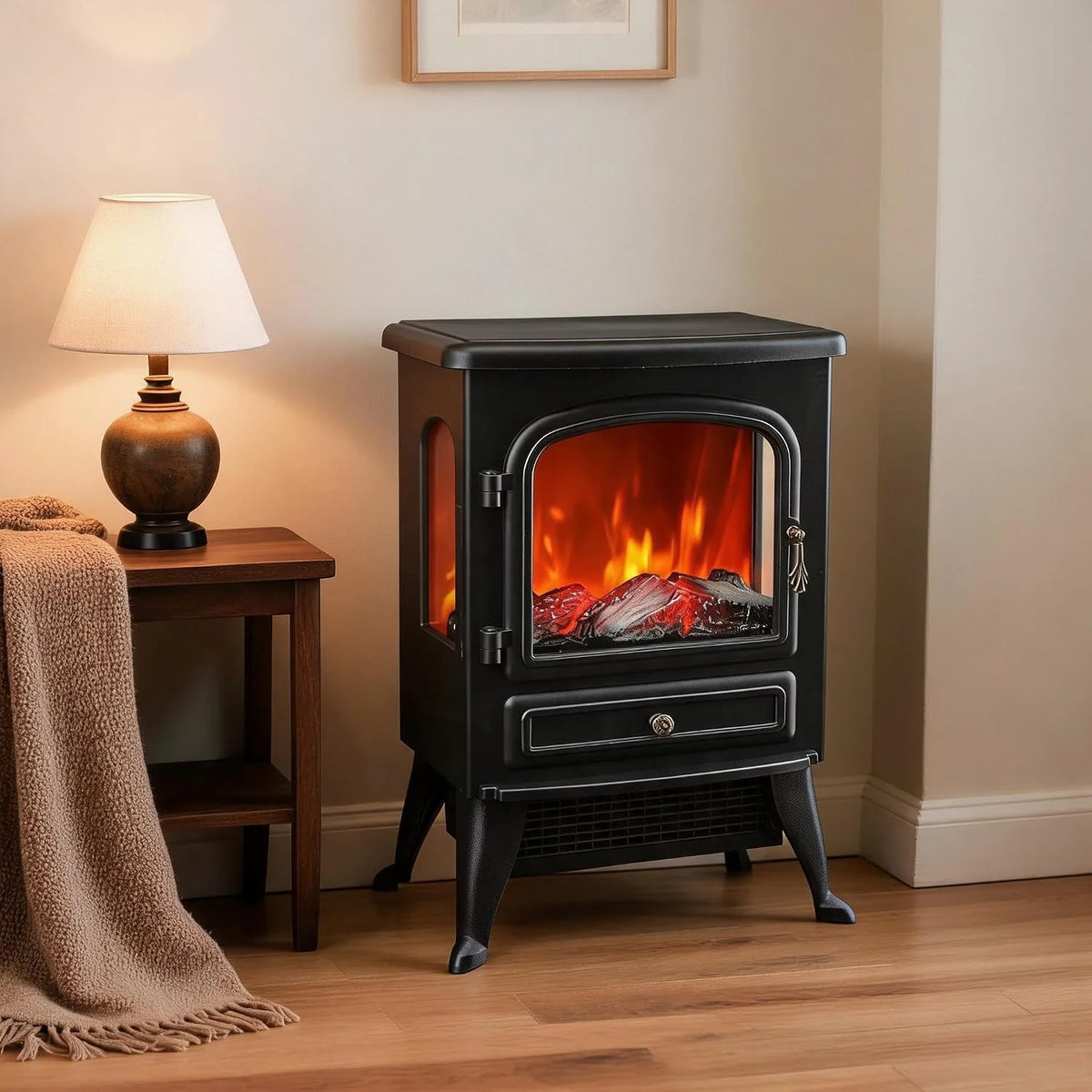 Freestanding Electric Fireplace Stove with Flame Effect, Thermostat and Overheat Protection