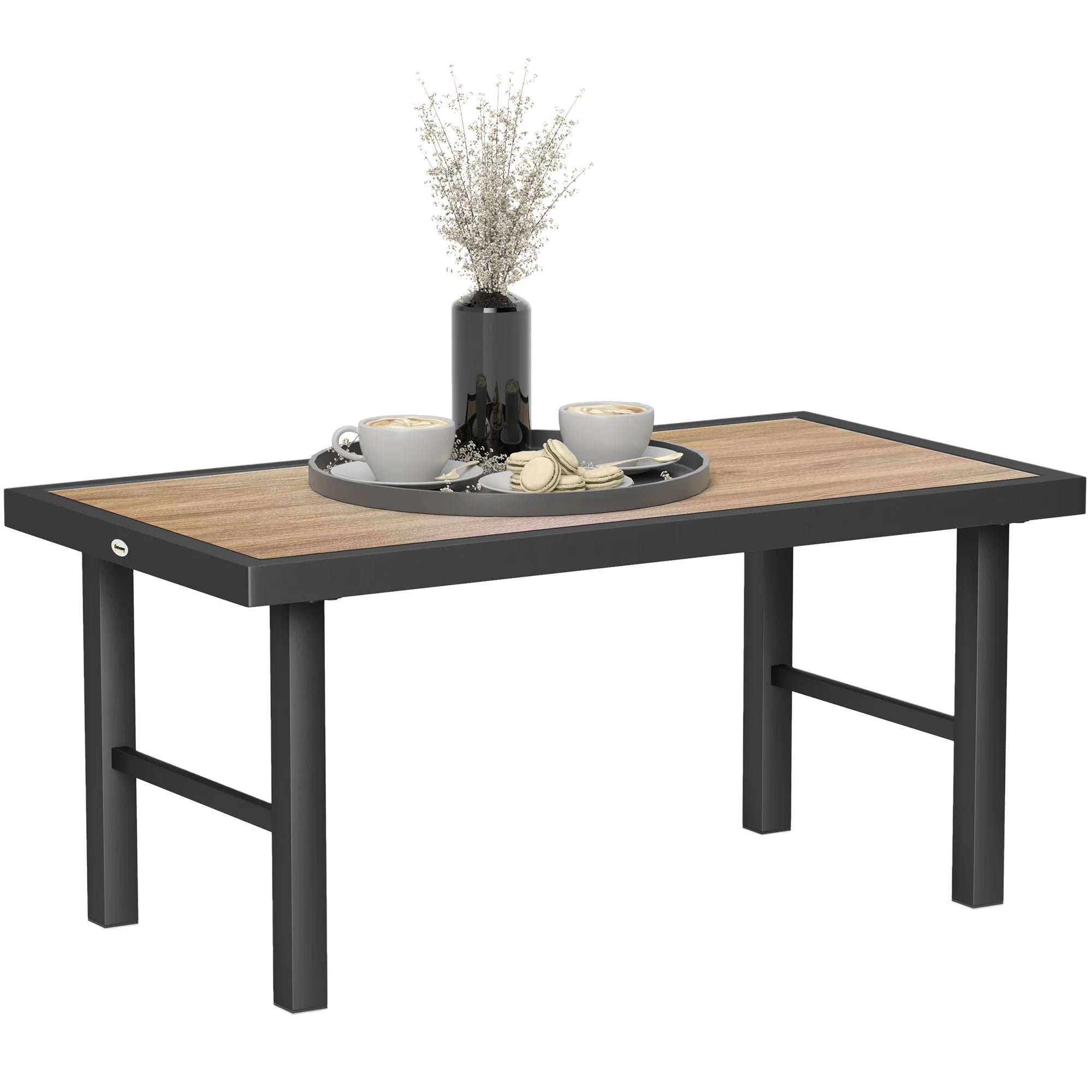 Outdoor Garden Coffee Table 100x53cm SPC Wood Grain Top Powder Coated Metal Frame Weather Resistant Brown