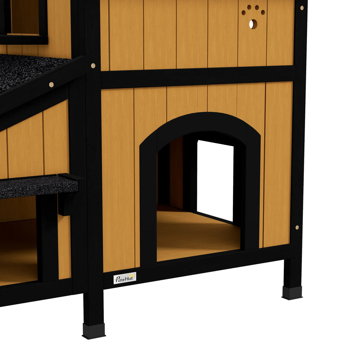 Wooden Outdoor Cat House with Flower Box, Windows and Multiple Entrances, Yellow