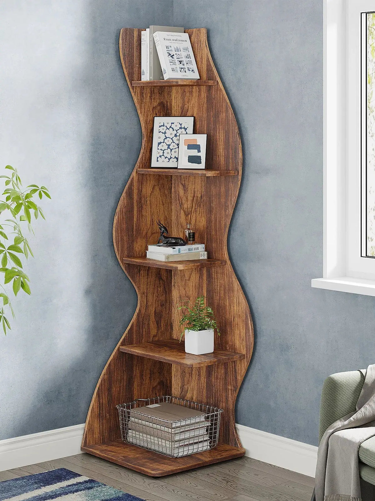 5-Tier Rustic Corner Wall Bookshelf with Sea Grass Design | Vintage Brown Corner Shelf Plant Stand