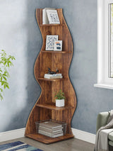 5-Tier Rustic Corner Wall Bookshelf with Sea Grass Design | Vintage Brown Corner Shelf Plant Stand