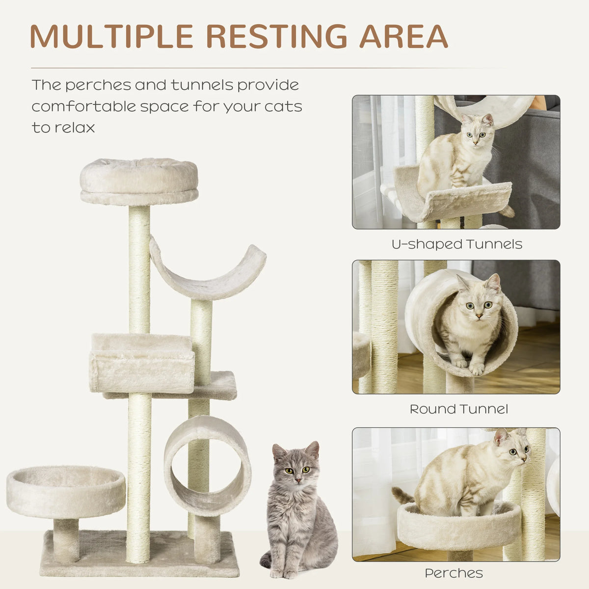 Cat Tree for Indoor Cats with Scratching Post, Perch & Tunnel, Beige