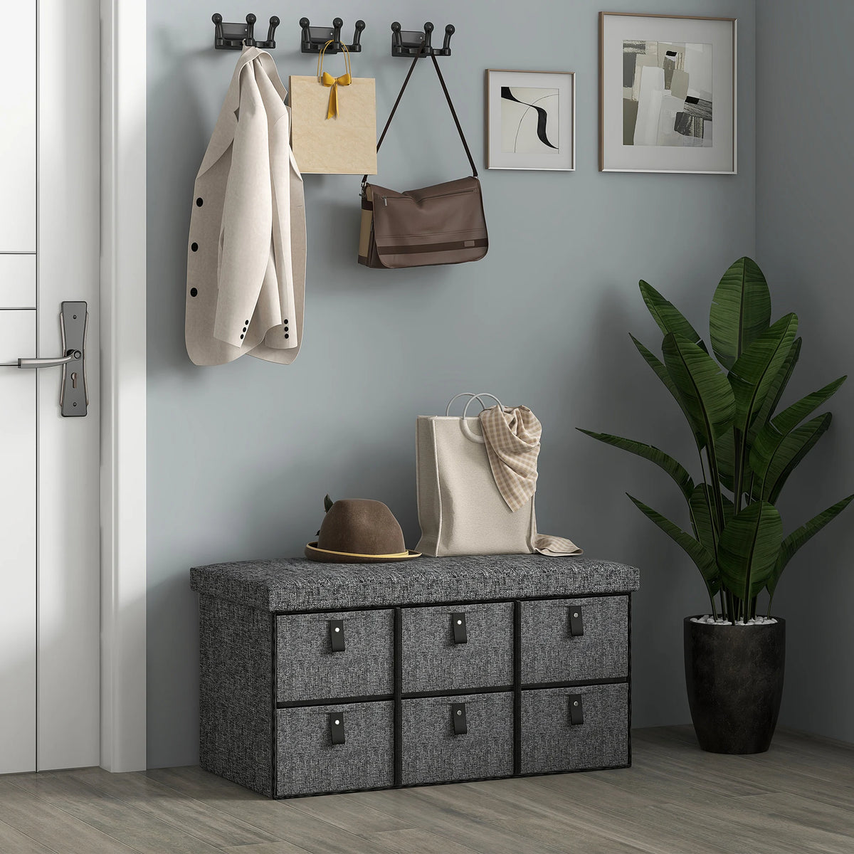 Shoe Bench with 6 Fabric Drawers Padded Seat 76.5x38x38cm Linen Look MDF 120kg Capacity Dark Grey