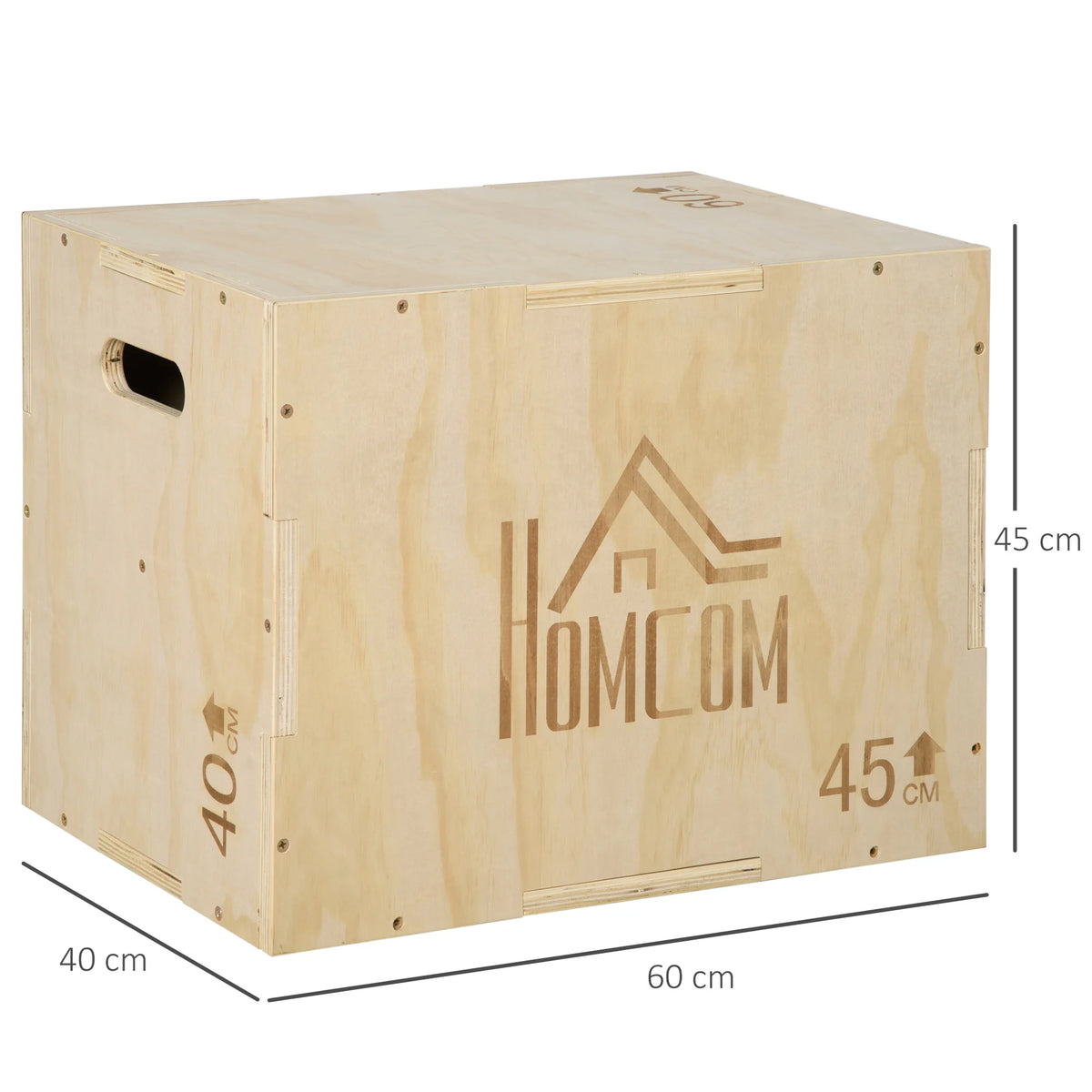 3-in-1 Wooden Plyo Box with Handle Cut-Outs, Plyometric Jump Box, 40/45/60 cm