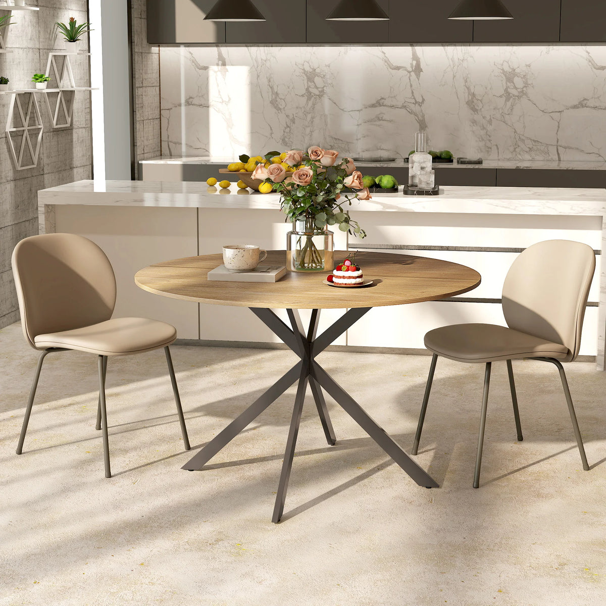 Round Dining Table for 4, 120cm, Oak Effect with Black Steel Legs