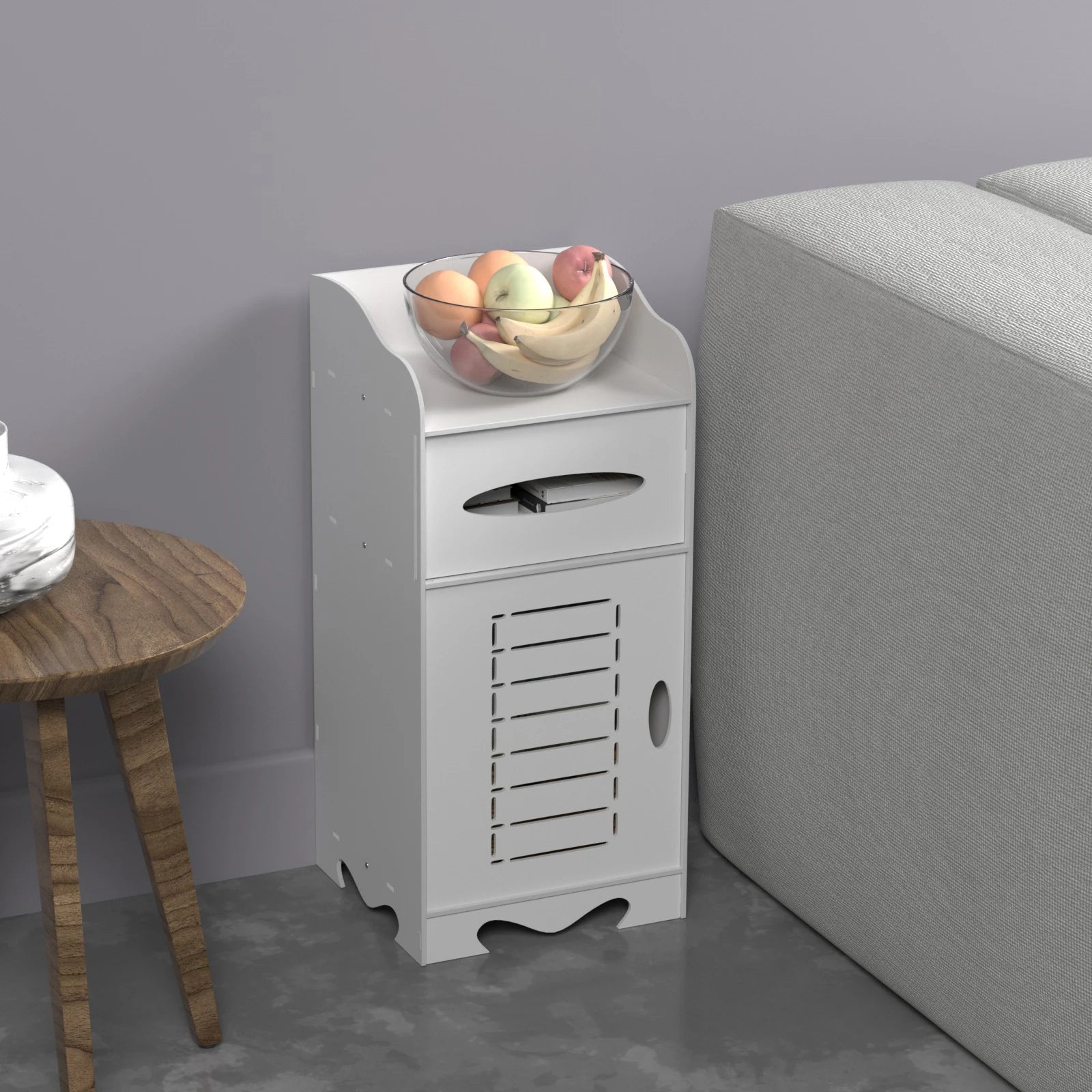 White Waterproof Bathroom Floor Cabinet 25x25x60cm | Freestanding PVC Storage Unit with Door Shelf and Toilet Roll Drawer