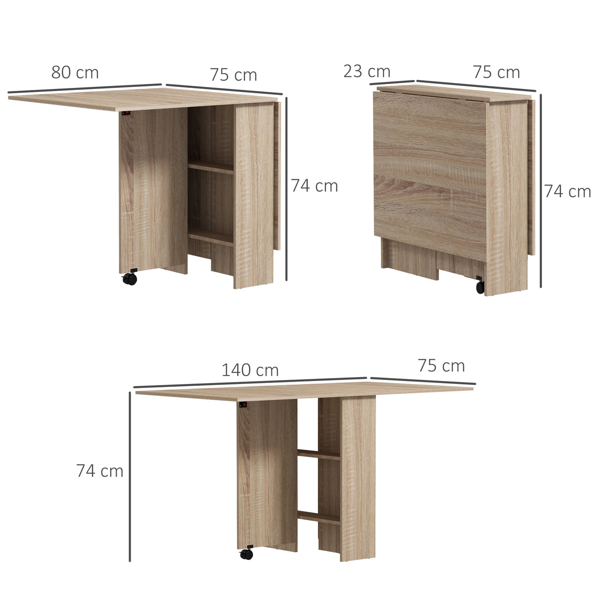 Mobile Drop Leaf Dining Table, Folding Table with 2 Wheels, Natural