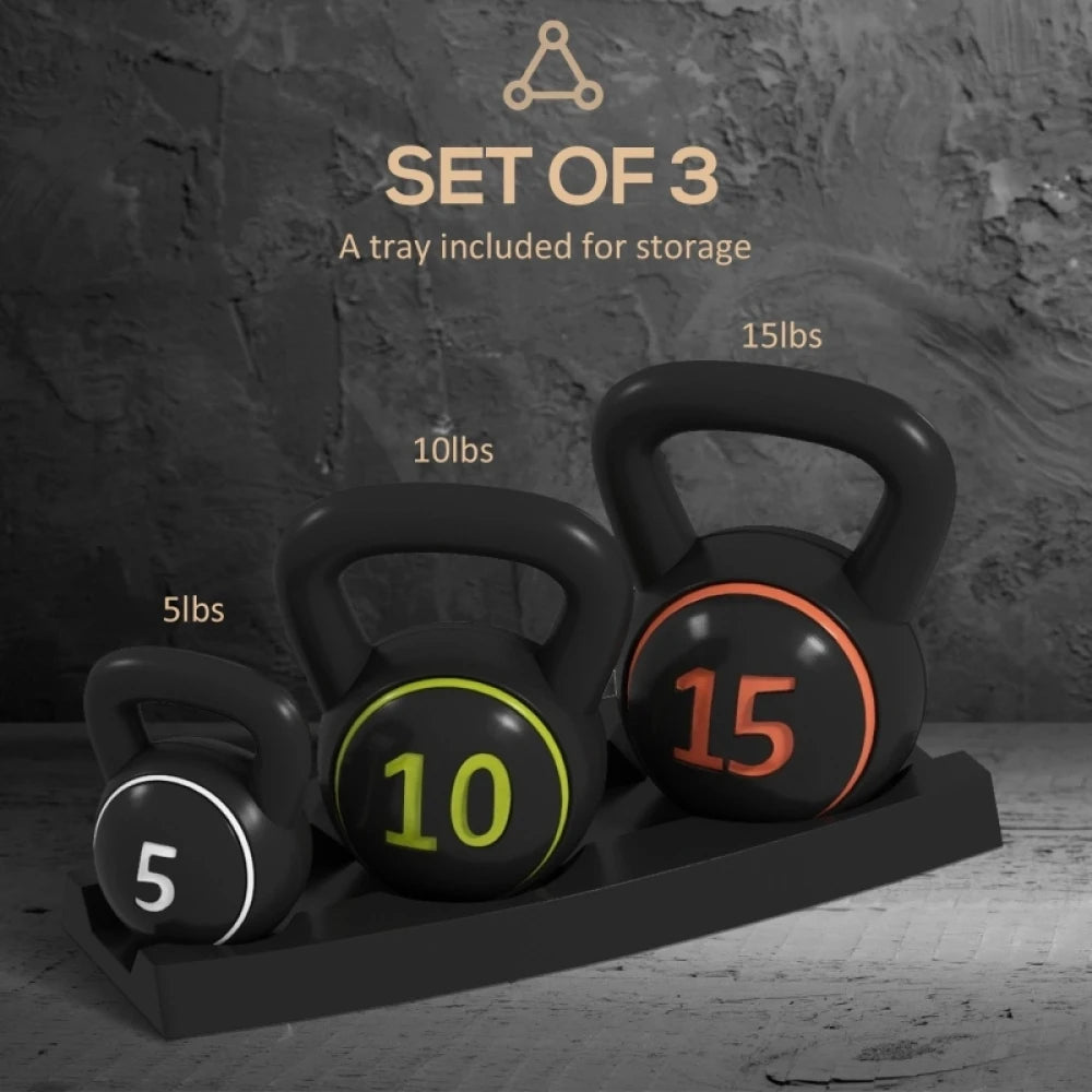 3 Piece Kettlebell Set 5lb 10lb 15lb 2.2kg 4.5kg 6.8kg with Storage Tray Flat Base Plastic Cover