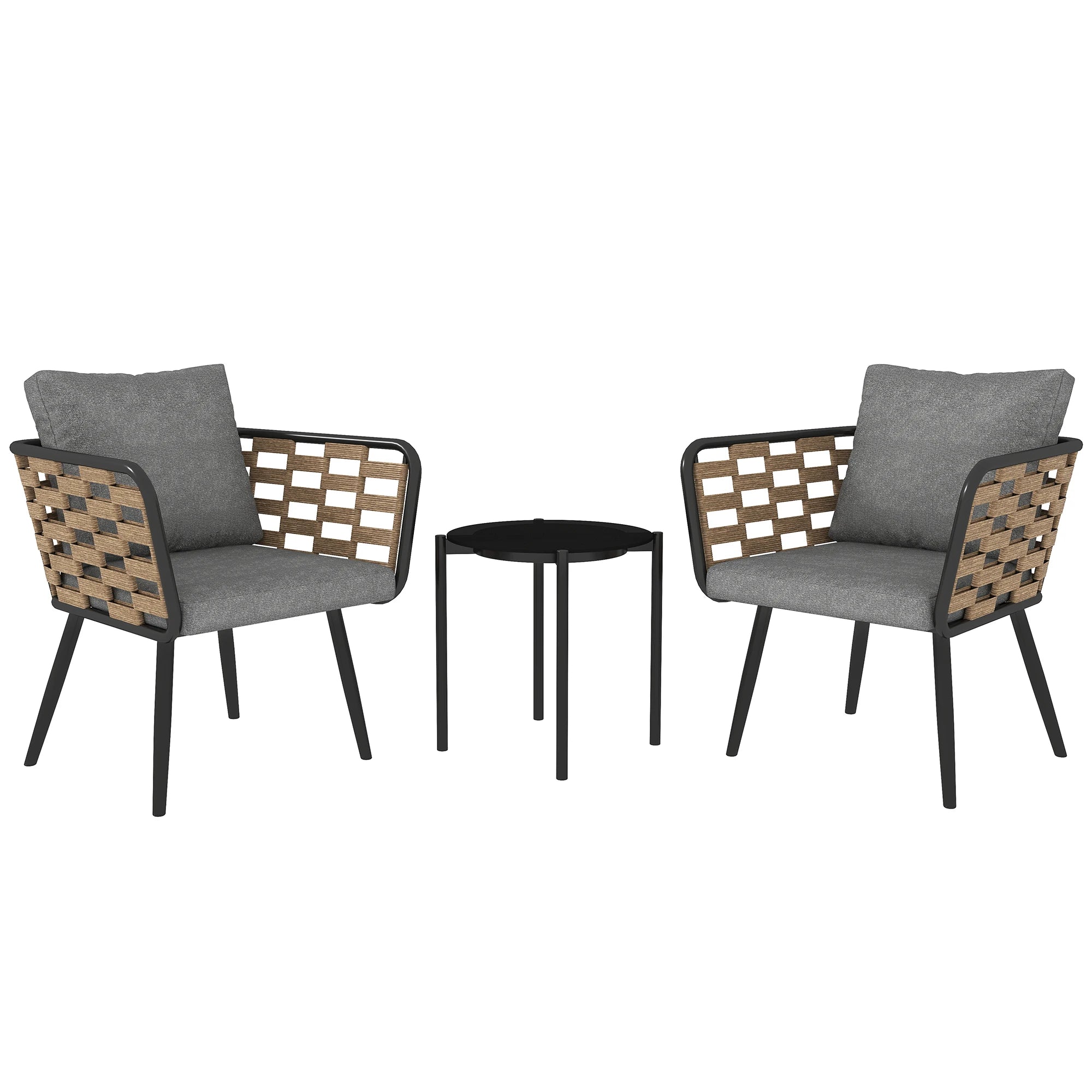 3-Piece Rattan Bistro Set with Cushioned Chairs and Tempered Glass Coffee Table