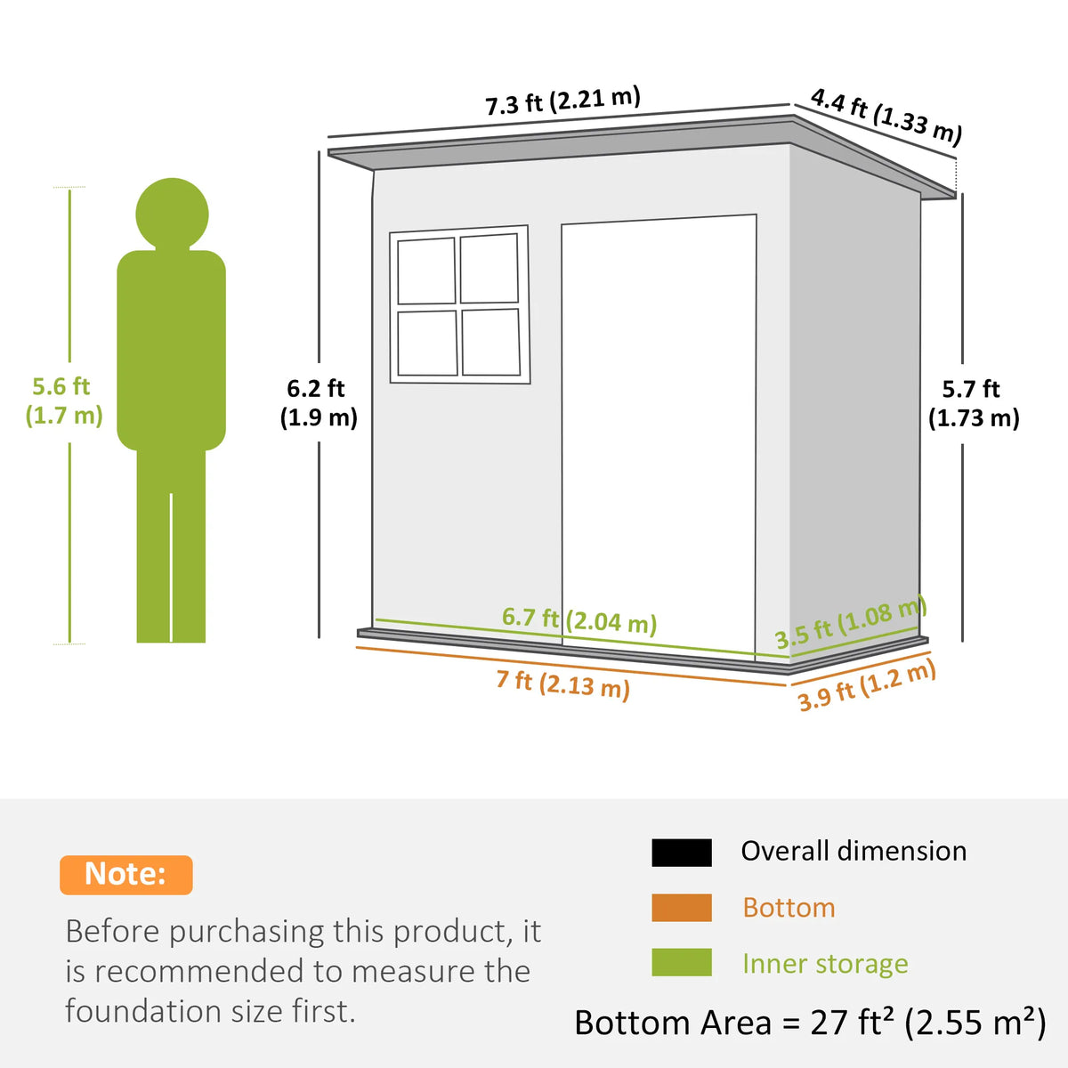 7 x 4ft Galvanised Steel Garden Shed with Window, Lockable Door and Foundation Kit, Green