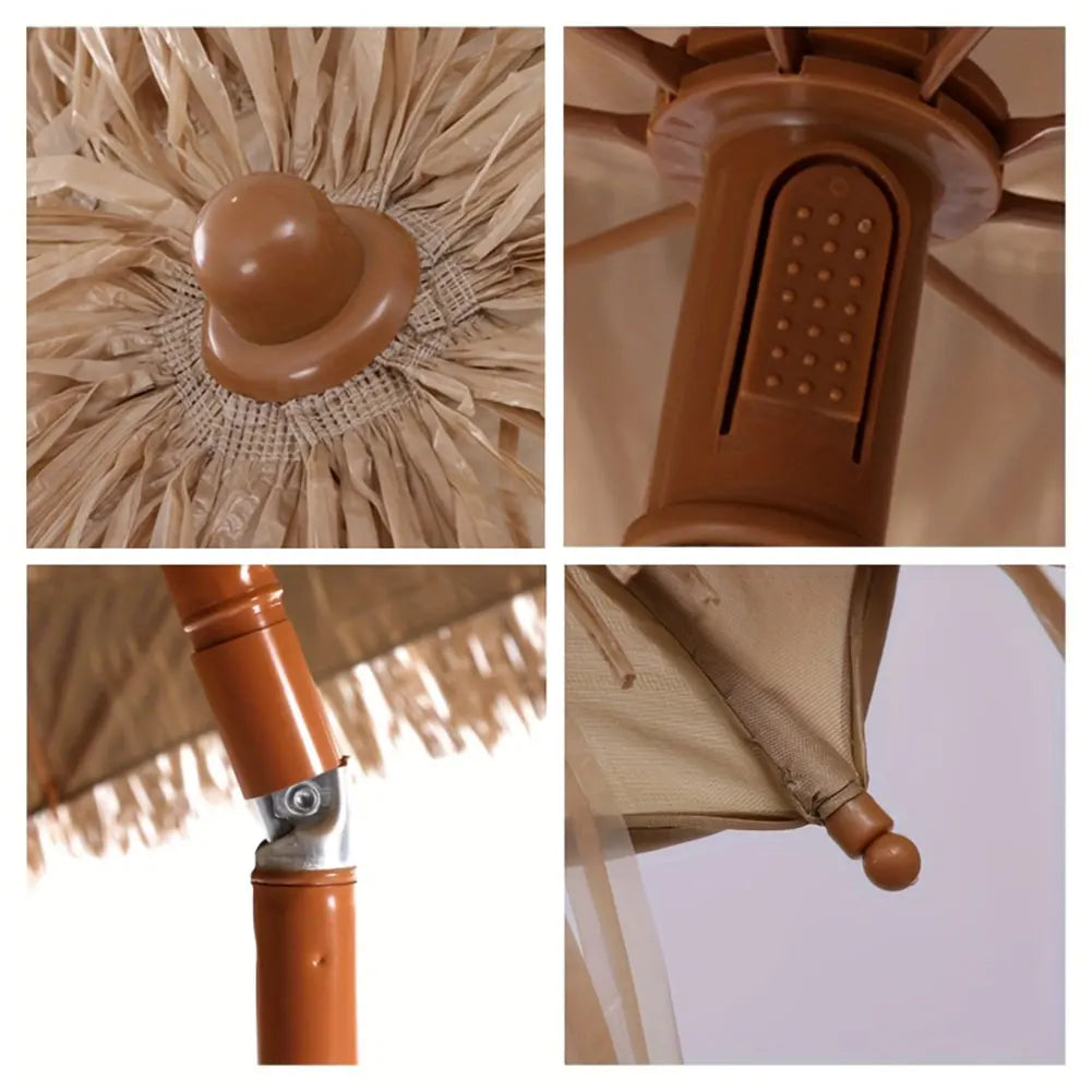 Thatched Tiki Beach Umbrella, 1.6m Height-Adjustable Garden Parasol with 8 Ribs