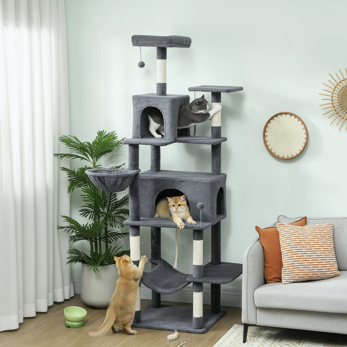 Cat Tree 202cm Tower with 2 Condos 2 Hammocks 2 Perches Sisal Scratching Posts and Anti Tip Kit