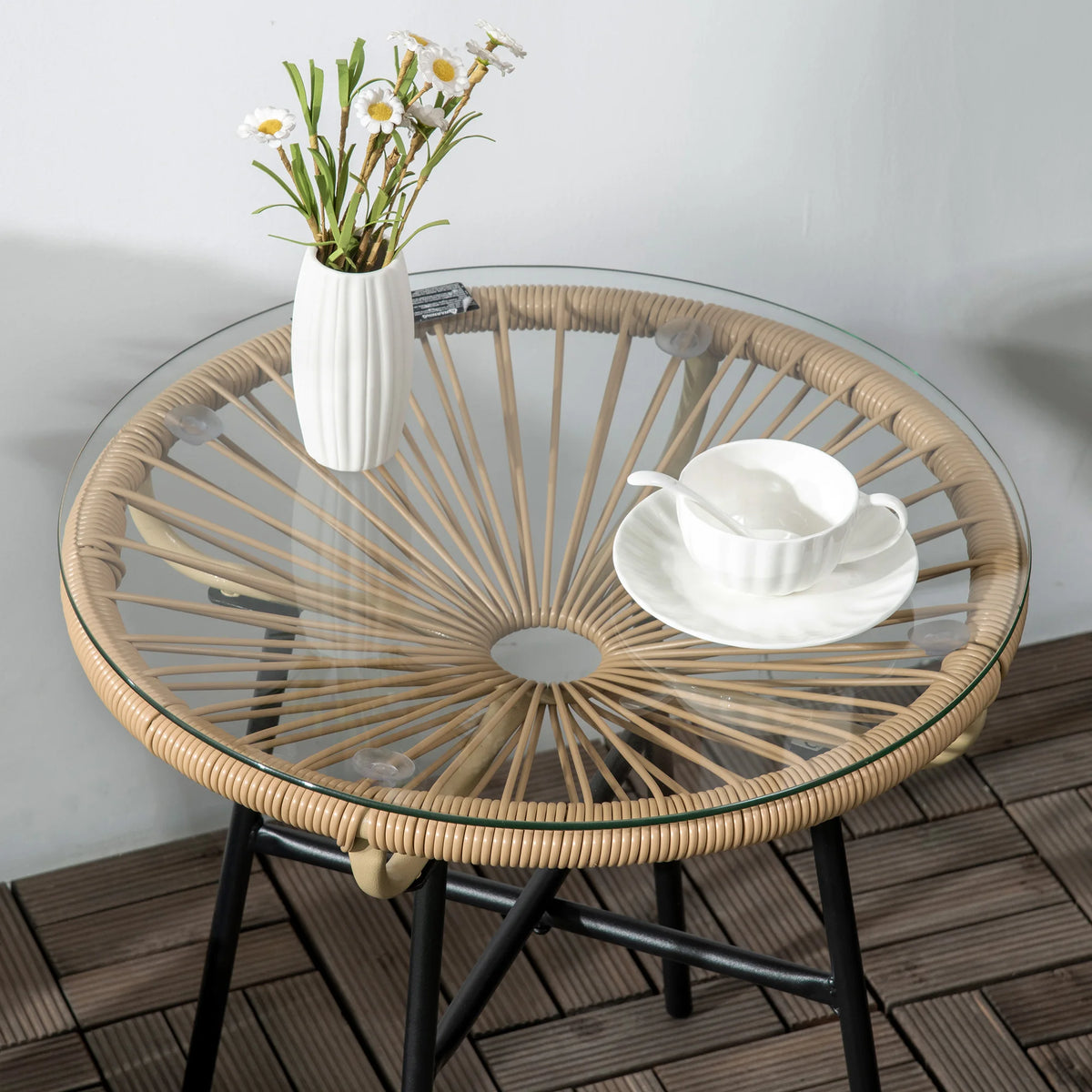 Rattan Side Table, Round Outdoor Coffee Table, with Round PE Rattan and Tempered Glass Table Top, Beige