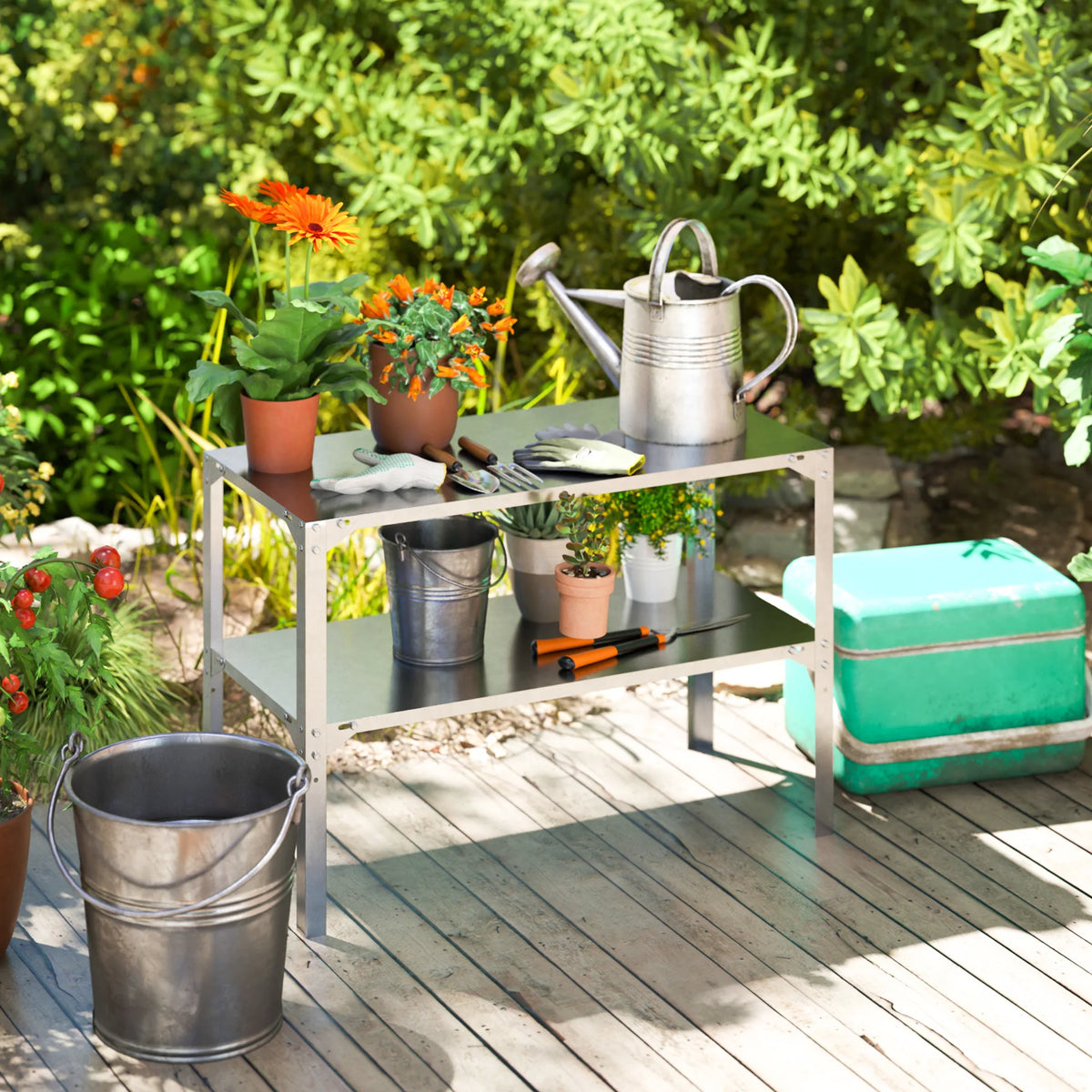 2 Tier Potting Bench Table, Galvanised Steel Planting Work Bench, Silver Tone