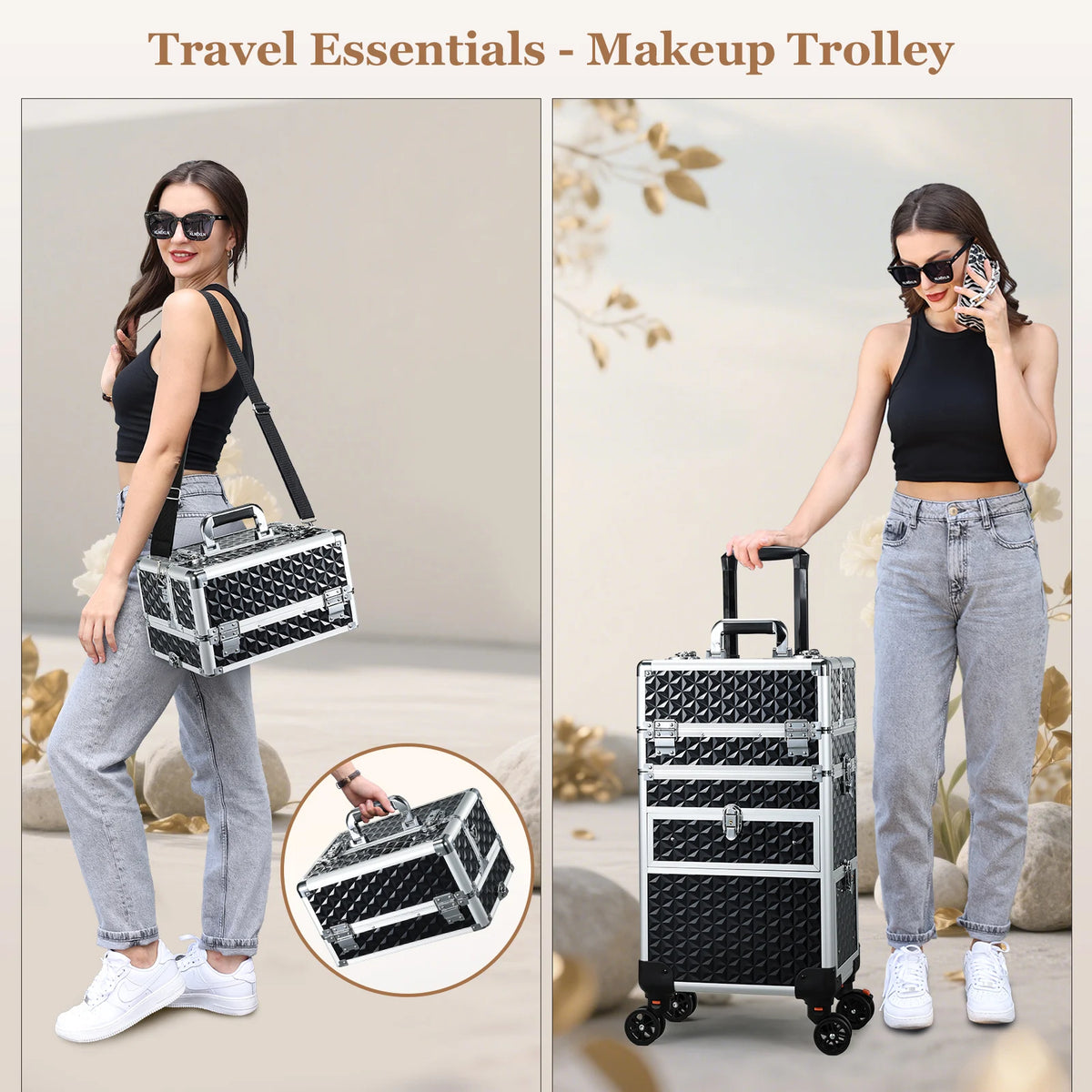Cosmetology Case on Wheels with Large Trays and Drawers 36-55L PVC Rolling Salon Cart for Barbers and Manicure
