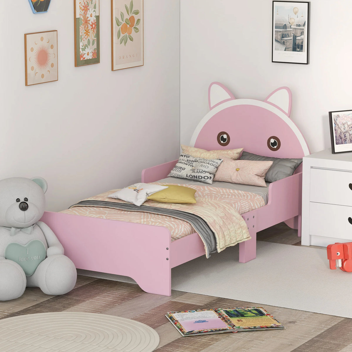 Toddler Bed Frame with Cat Design and Guardrails, 143 x 74cm, Pink