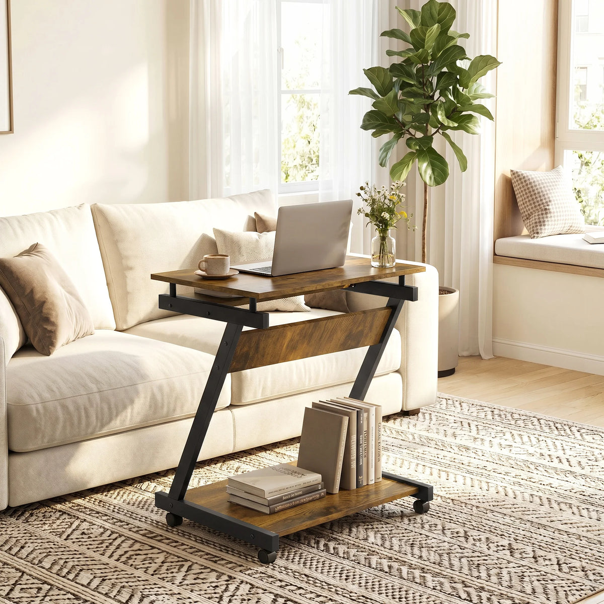 Mobile Computer Desk with Keyboard Tray and Lockable Wheels, Rustic Brown