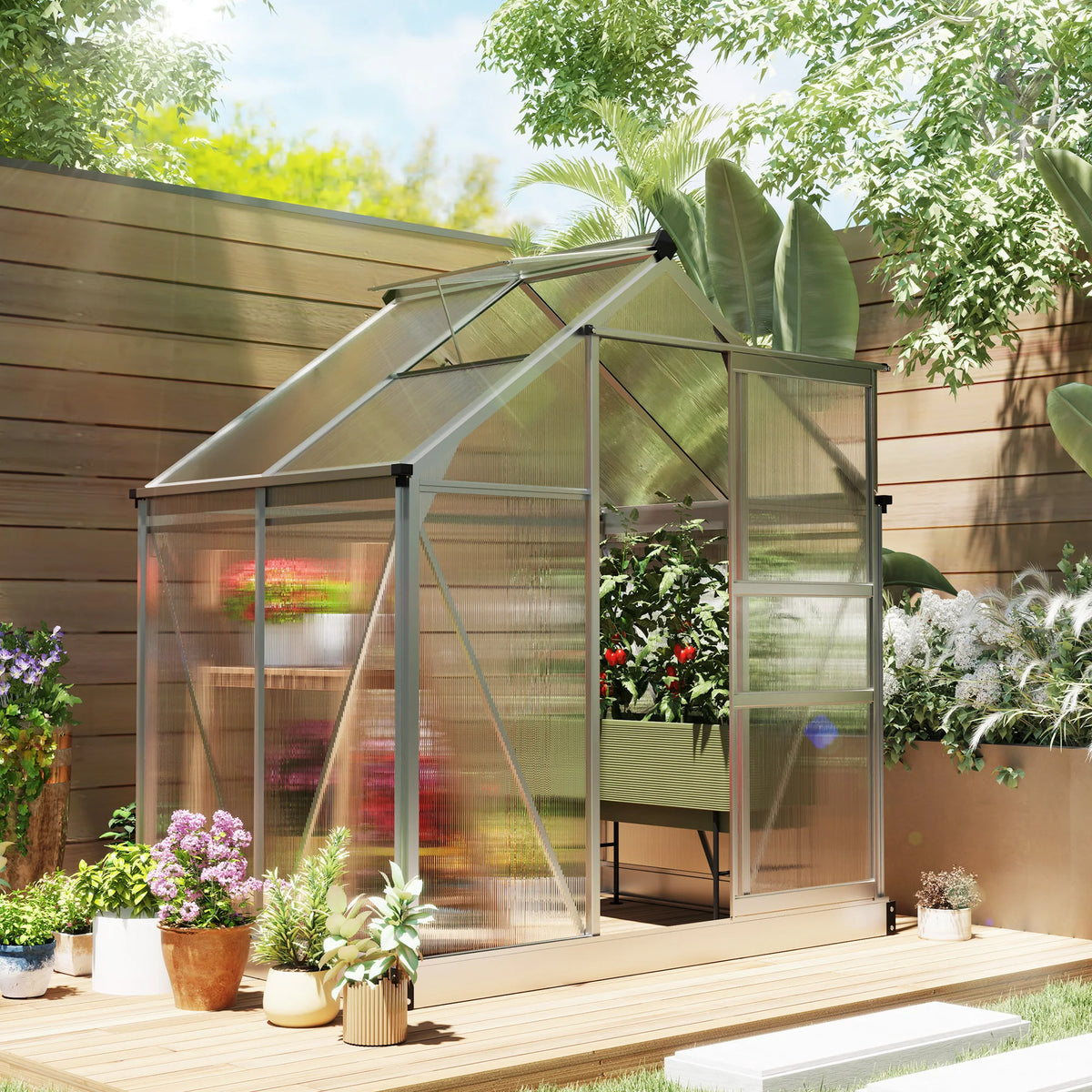 6 x 4ft Polycarbonate Greenhouse, Large Walk-In Green House with Slide Door and Window, Garden Plants Grow House