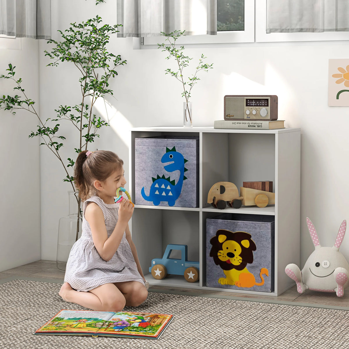 Kids Toy Organiser with 4 Cubes and 2 Fabric Drawers 61.8x61.8x29.9cm Anti Tip Animal Design Grey and White