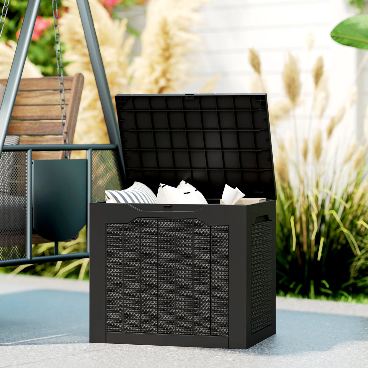 97L Outdoor Plastic Garden Storage Box with Handles, Black