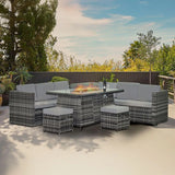 8 Seater Rattan Garden Sofa Set with Built-In Fire Pit Side Tables UV Resistant Cushions for Patio Outdoor Grey