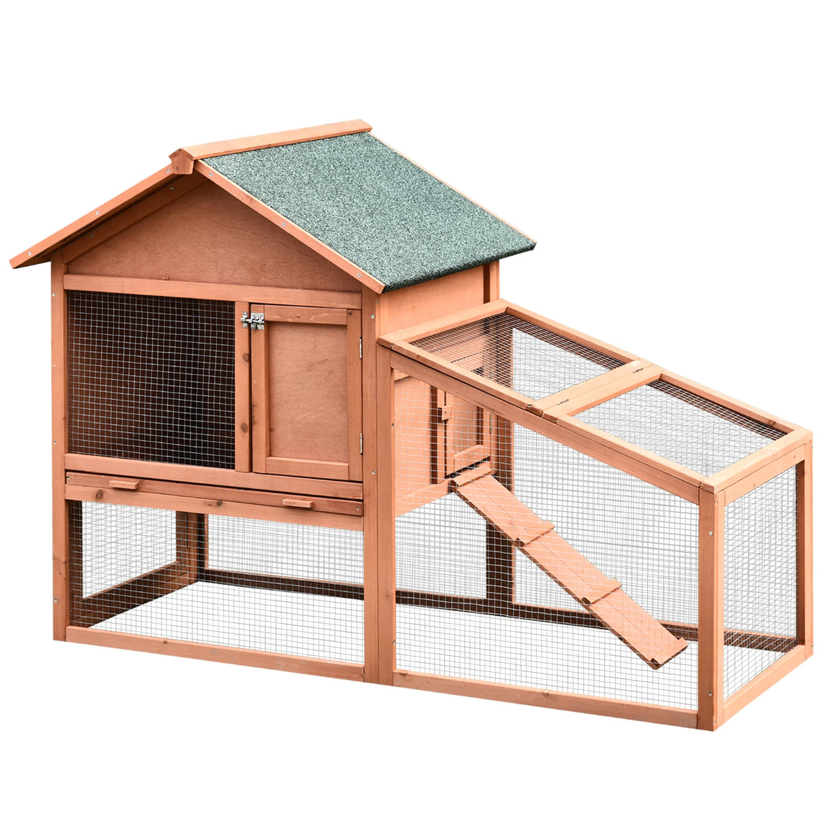 Large Rabbit Hutch with 2 Level House Side Room and Outdoor Run Fir Wood Tilted Asphalt Roof Natural