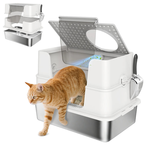 XL Stainless Steel Cat Litter Tray with Dual Entry, Light Grey